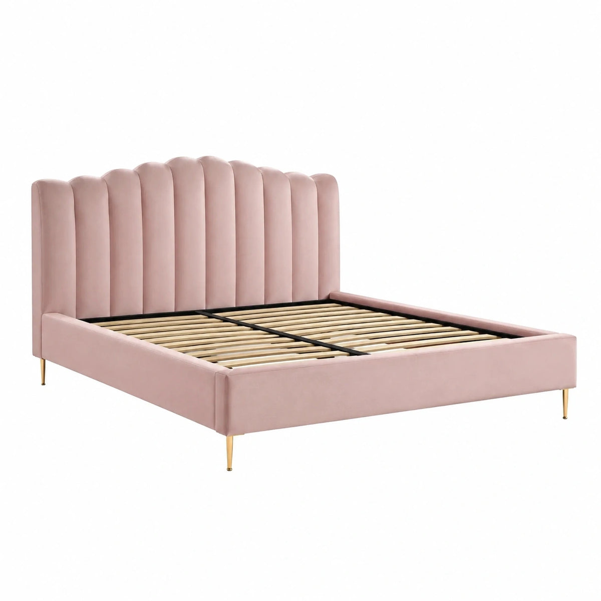 Lit 160 x 200 cm en velours rose avec sommier à lattes style contemporain