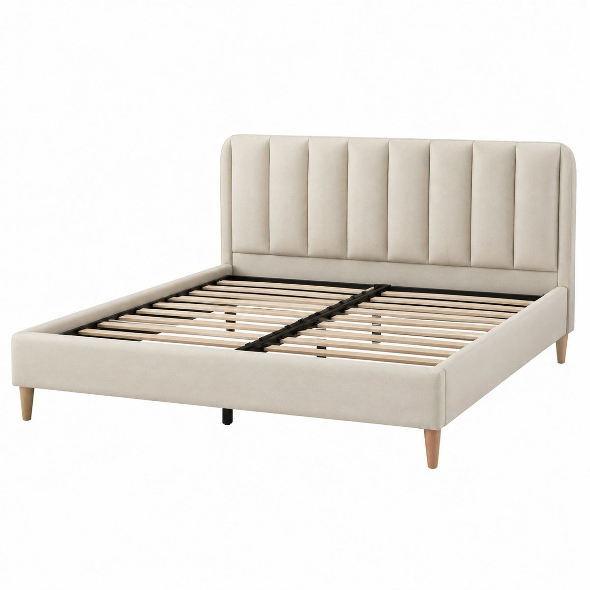 Lit 160 x 200 cm rembourré en tissu beige avec sommier à lattes style contemporain