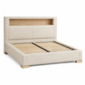 Lit double beige 160x200 cm en tissu avec tête de lit rangement et sommier à lattes, marque Xernavik.