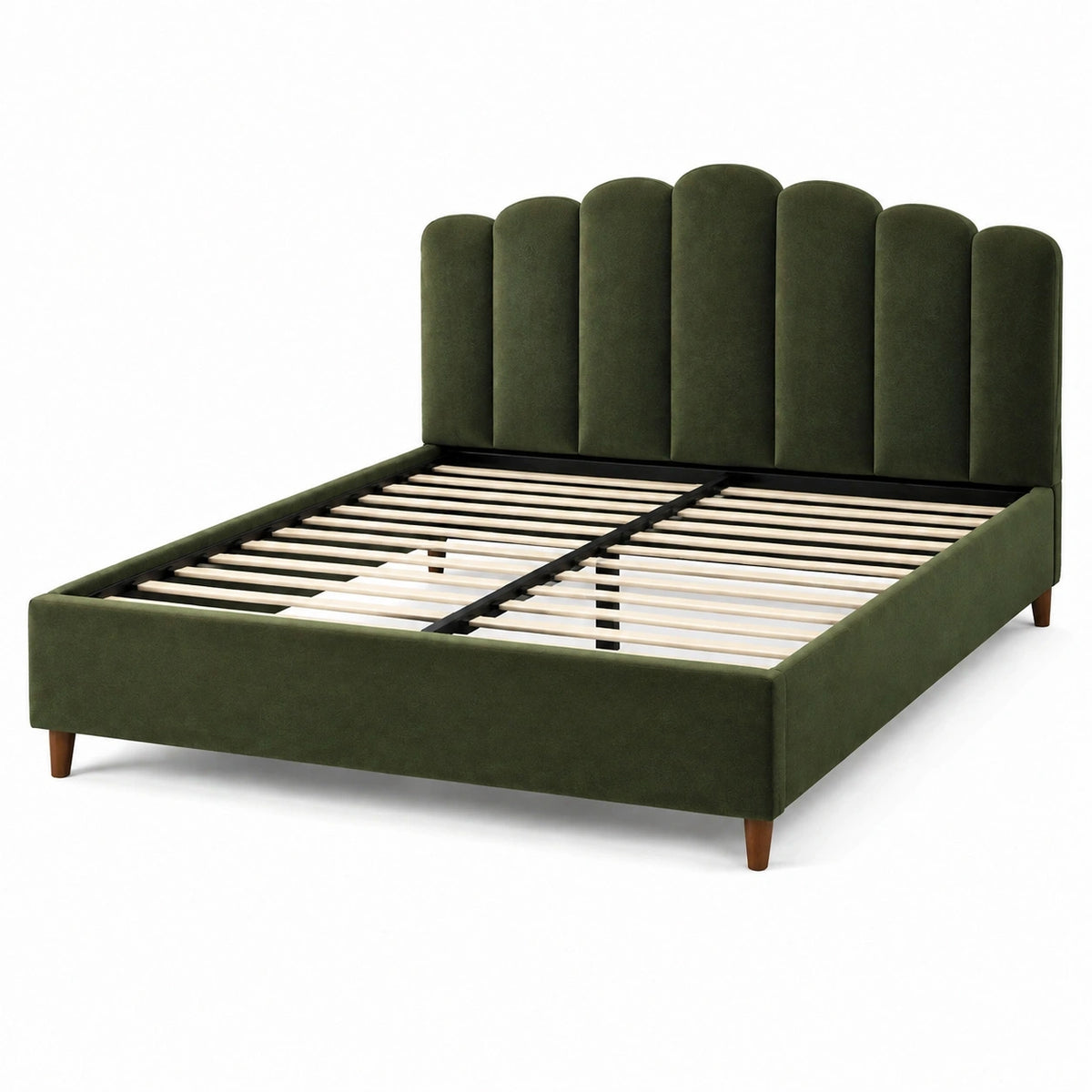 Lit double Xernavik en velours vert 160x200 cm avec sommier à lattes, style contemporain, confortable et élégant.
