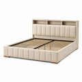 Lit double beige 160x200 cm en tissu capitonné avec rangement, tête de lit et sommier à lattes, de la marque Xernavik.