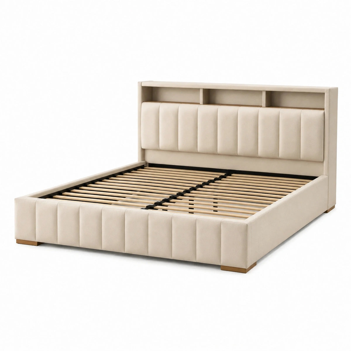 Lit 160x200 cm beige en tissu capitonné avec rangement tête de lit et sommier à lattes