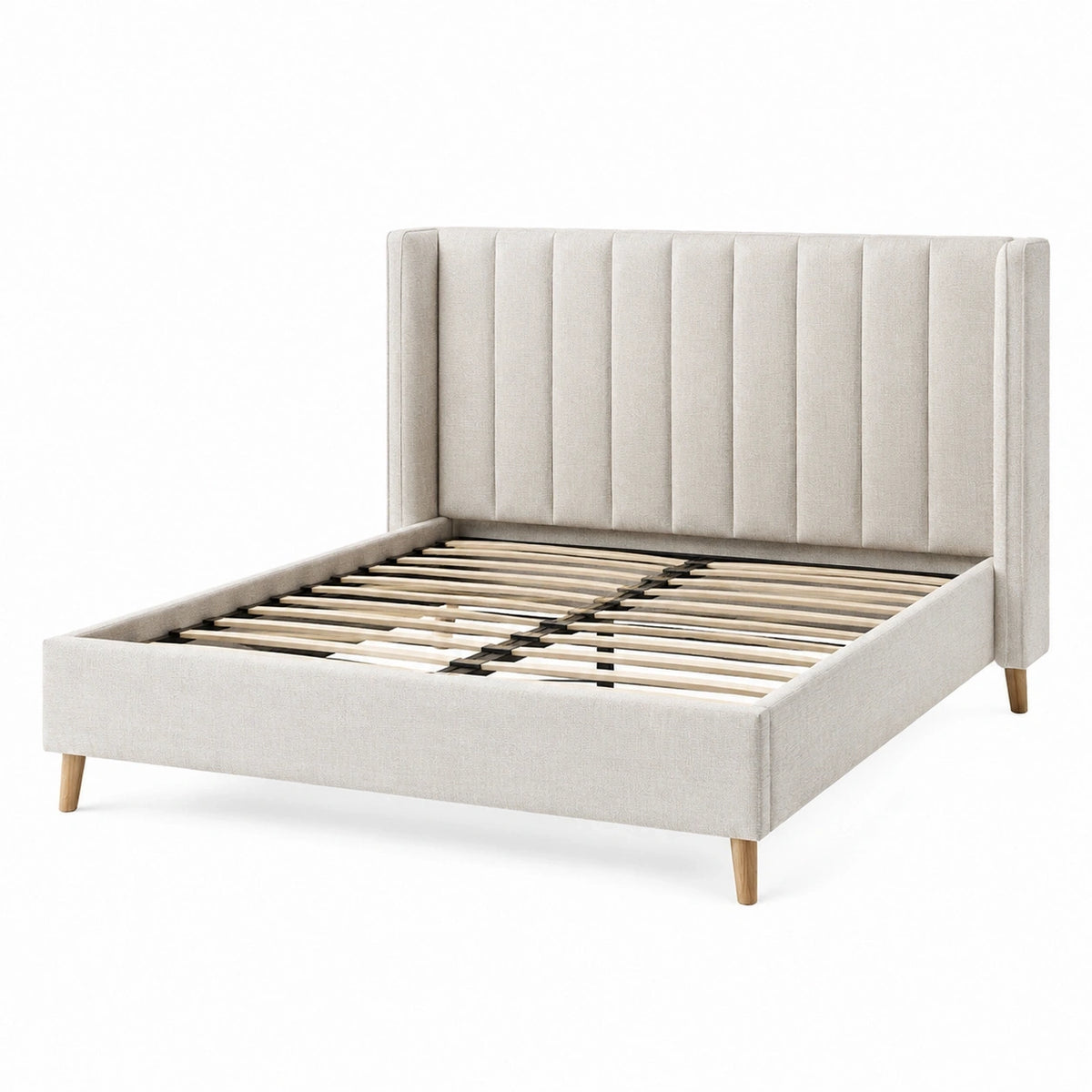 Lit double Xernavik en tissu beige 160x200 cm avec sommier à lattes, style contemporain, visible dans l'image.