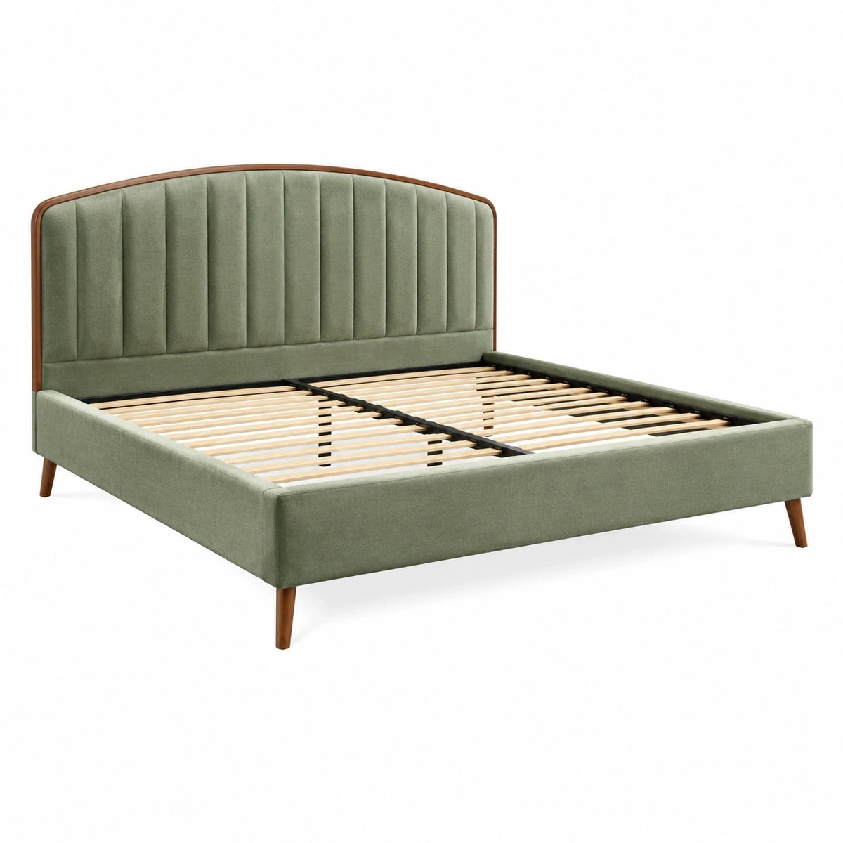 Lit double Xernavik 160x200 cm en tissu vert avec sommier à lattes, style vintage, visible avec cadre et matelas.