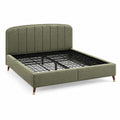Lit double 160x200 cm en tissu vert avec sommier métallique, style contemporain, marque Xernavik, vue de face.