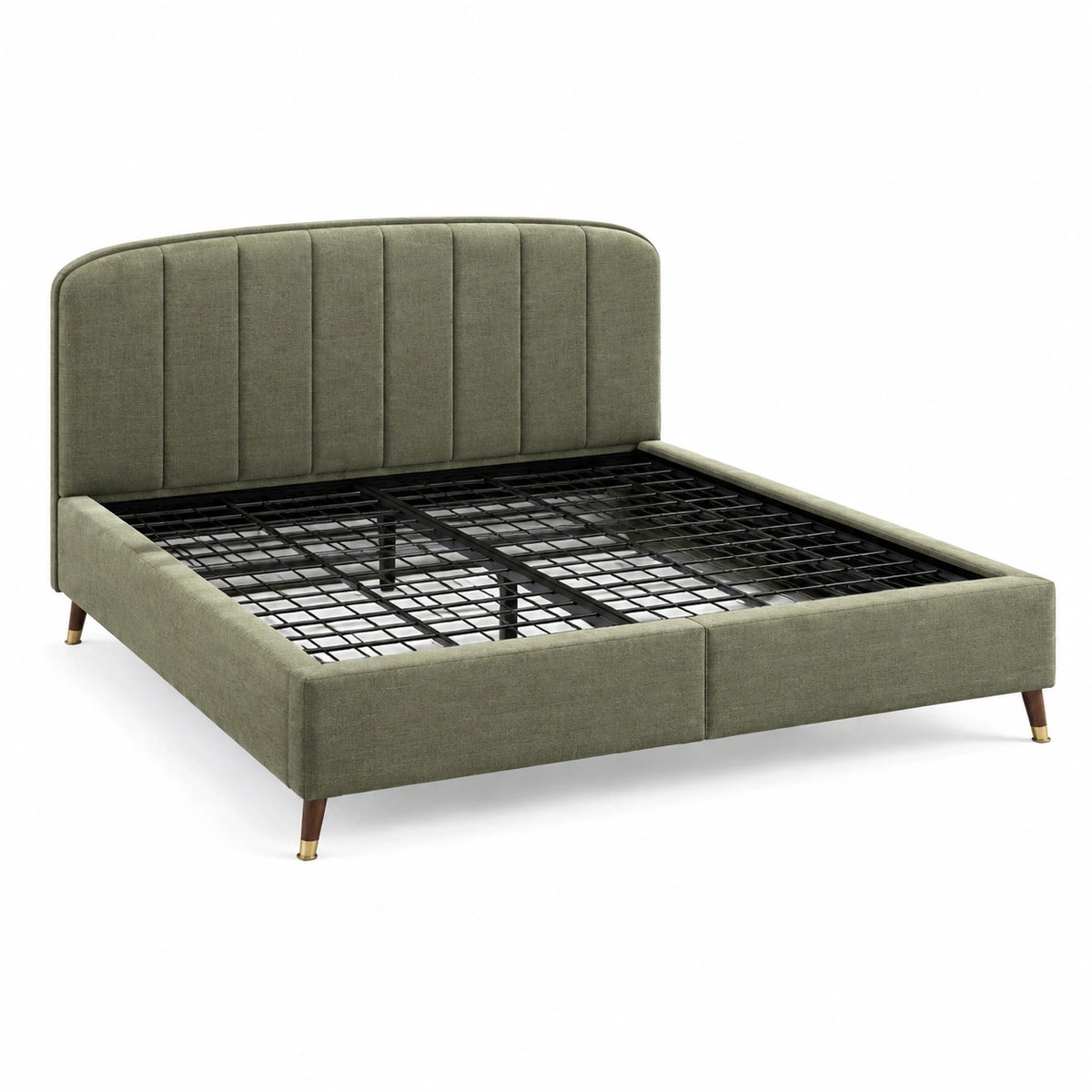 Lit double 160x200 cm en tissu vert avec sommier métallique, style contemporain, marque Xernavik, vue de face.