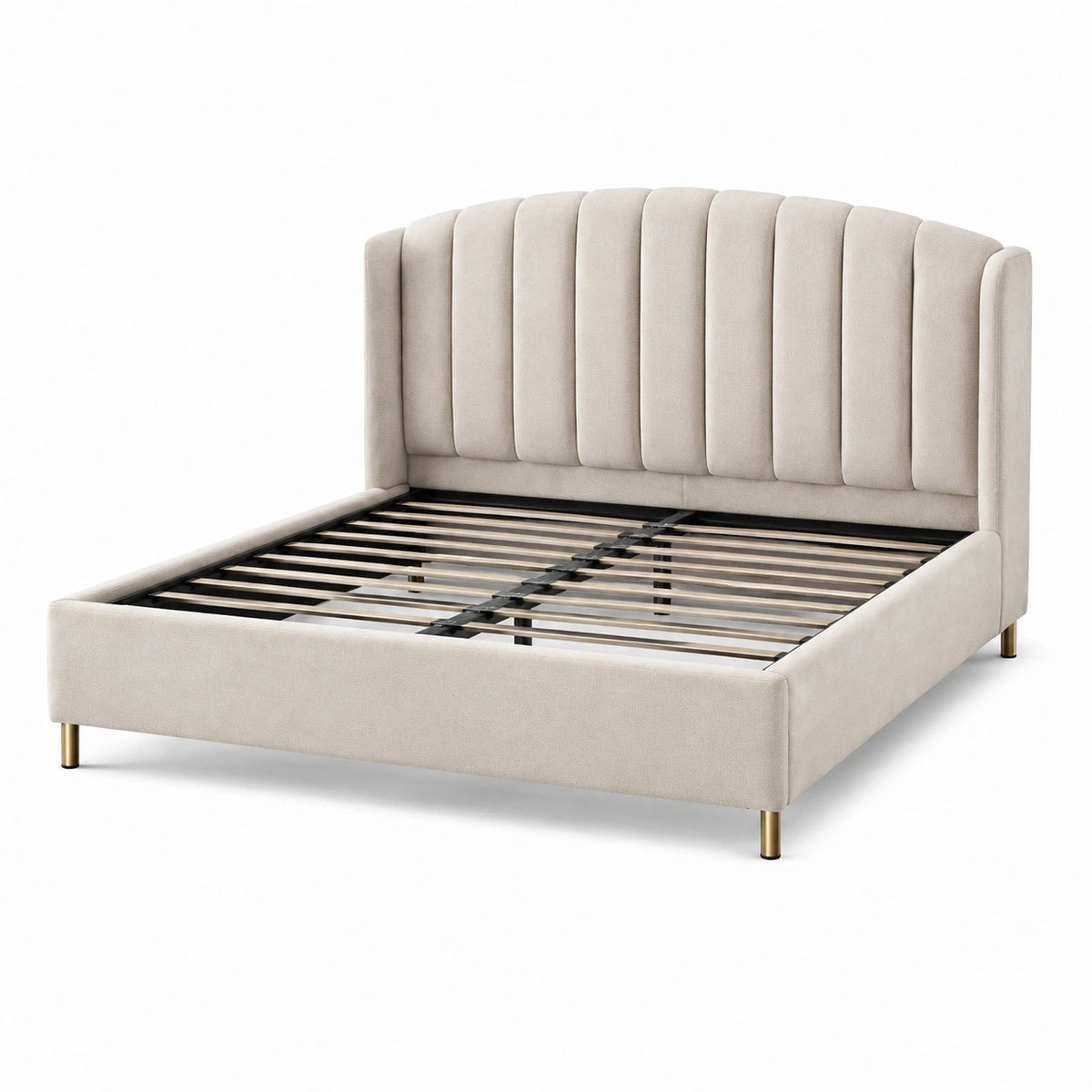 Lit double beige 160x200 cm en tissu avec sommier à lattes, style contemporain, par Xernavik.