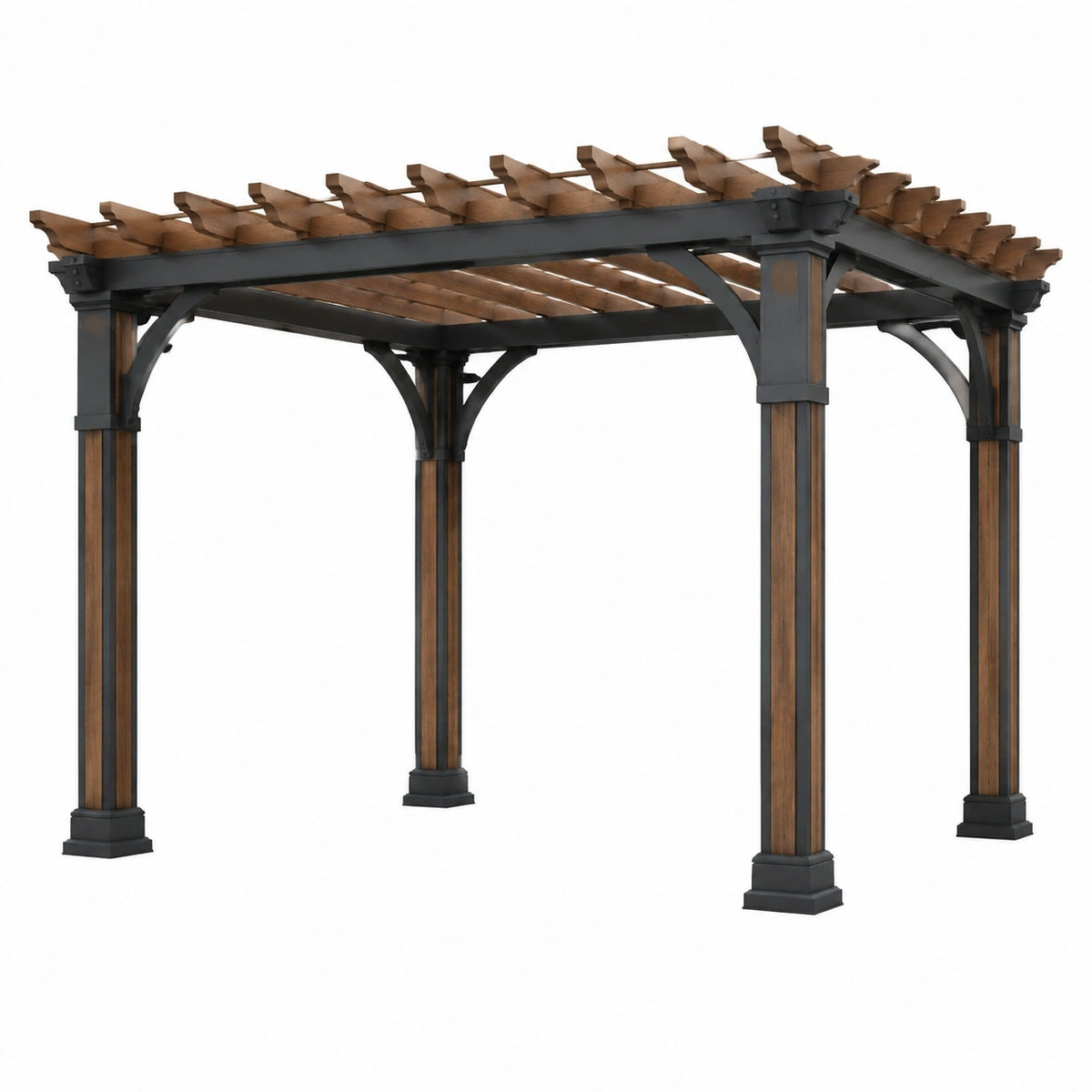 Pergola en bois et acier marron/noir de 300x300x250 cm avec structure ajourée pour jardin, par Xernavik.