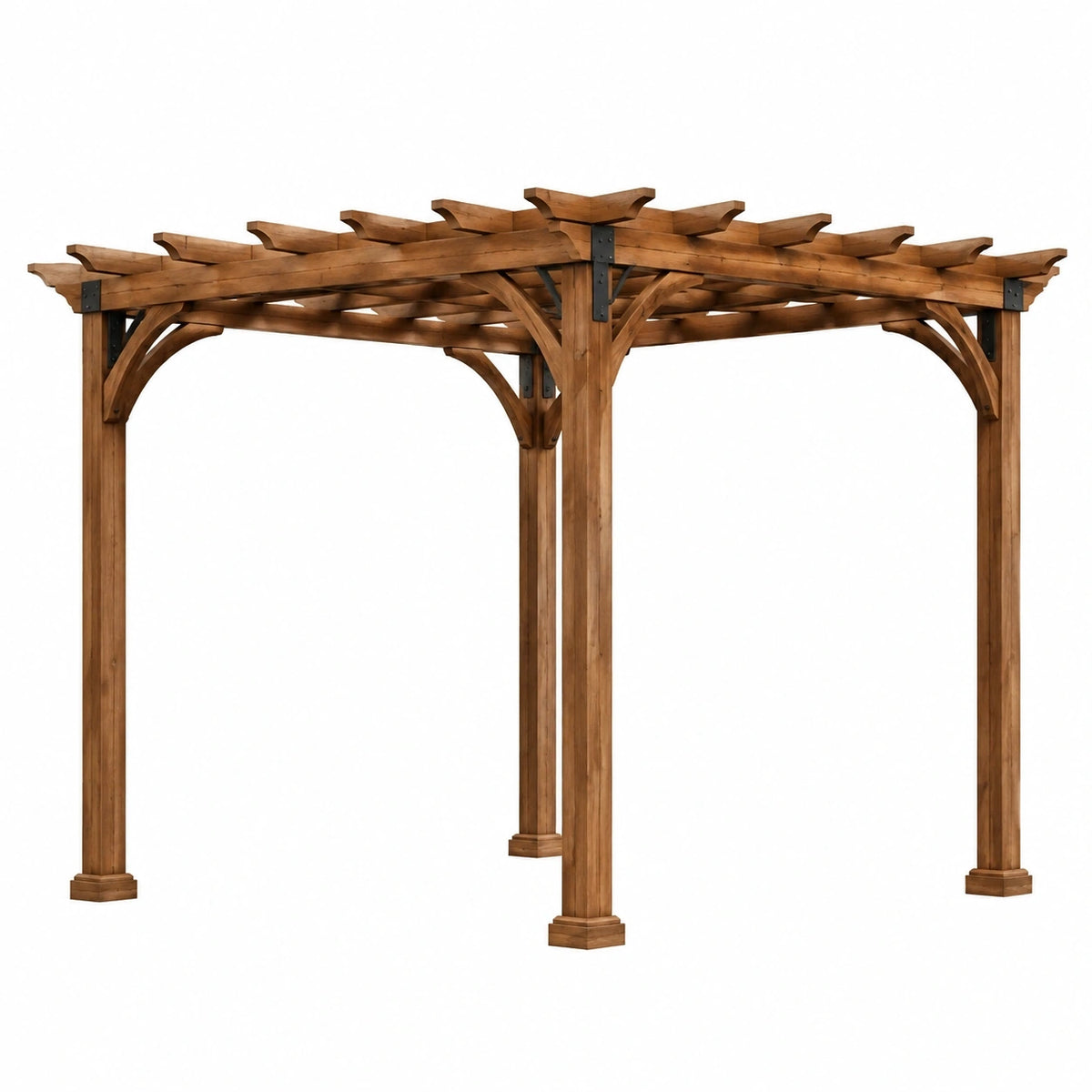 Pergola en bois marron de 360x360x260 cm avec ferrures noires pour extérieur, structure robuste et élégante.