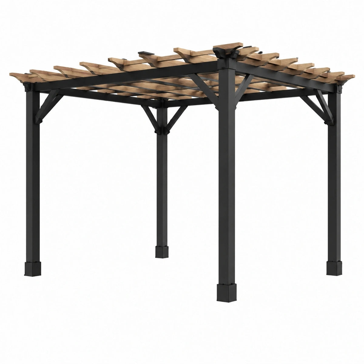 Pergola Xernavik en acier et bois noir naturel, structure ajourée 300x300x240 cm pour jardin.