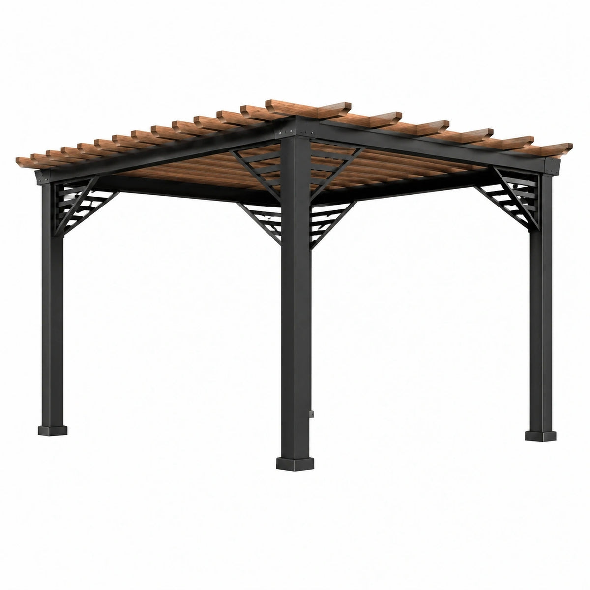 Pergola en acier noir et bois brun, dimensions 300 x 300 x 230 cm, pour terrasse, modèle Xernavik, structure élégante et robuste.