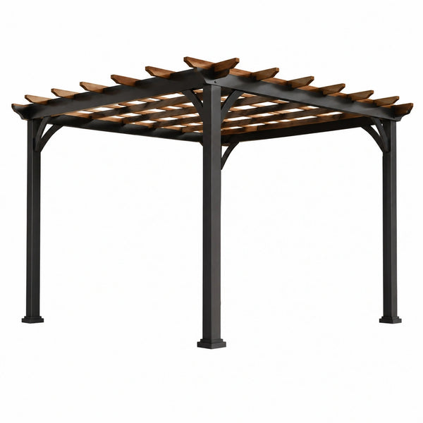 Pergola en acier et bois noir marron, 300x300x240 cm, pour jardin avec lattes, par Xernavik.