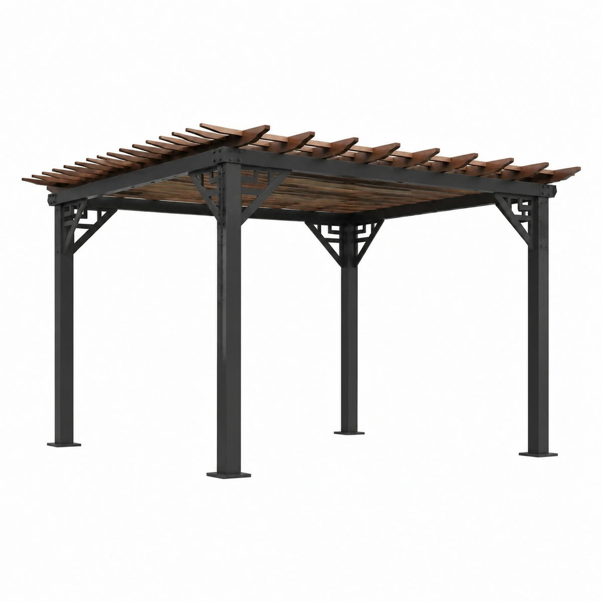 Pergola de jardin Xernavik en acier et bois noir/marron, 300x300x250 cm, avec lames ajourées pour ombrage élégant