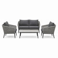 Salon de jardin Xernavik en résine tressée grise, ensemble 4 pièces avec table basse contemporaine de 124 cm, vue de face.