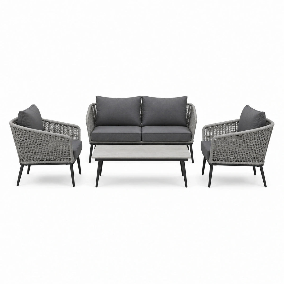 Salon de jardin Xernavik en résine tressée grise, ensemble 4 pièces avec table basse contemporaine de 124 cm, vue de face.