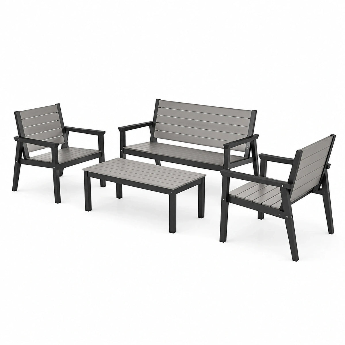 Salon de jardin Xernavik 4 pièces avec table basse en métal noir et gris, ensemble extérieur pour patio ou terrasse