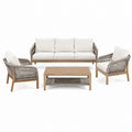 Salon de jardin 4 pièces Xernavik en bois beige gris avec coussins et cordage tressé, comprenant table et fauteuils extérieurs.