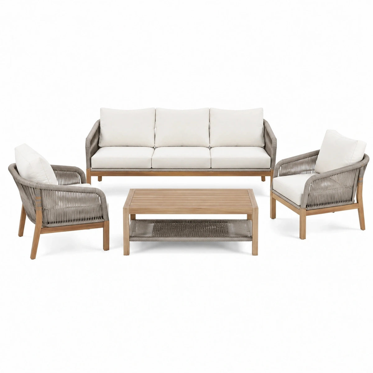 Salon de jardin 4 pièces Xernavik en bois beige gris avec coussins et cordage tressé, comprenant table et fauteuils extérieurs.