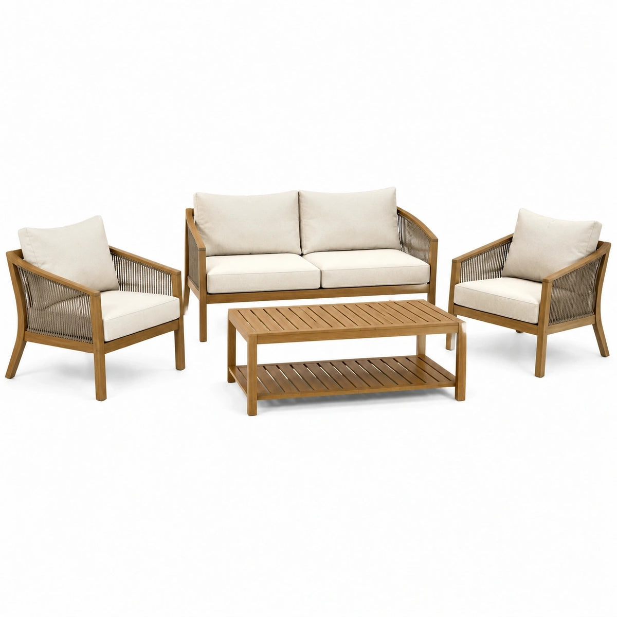 Salon de jardin Xernavik 4 pièces en bois marron avec coussins et corde tressée pour terrasse extérieure.