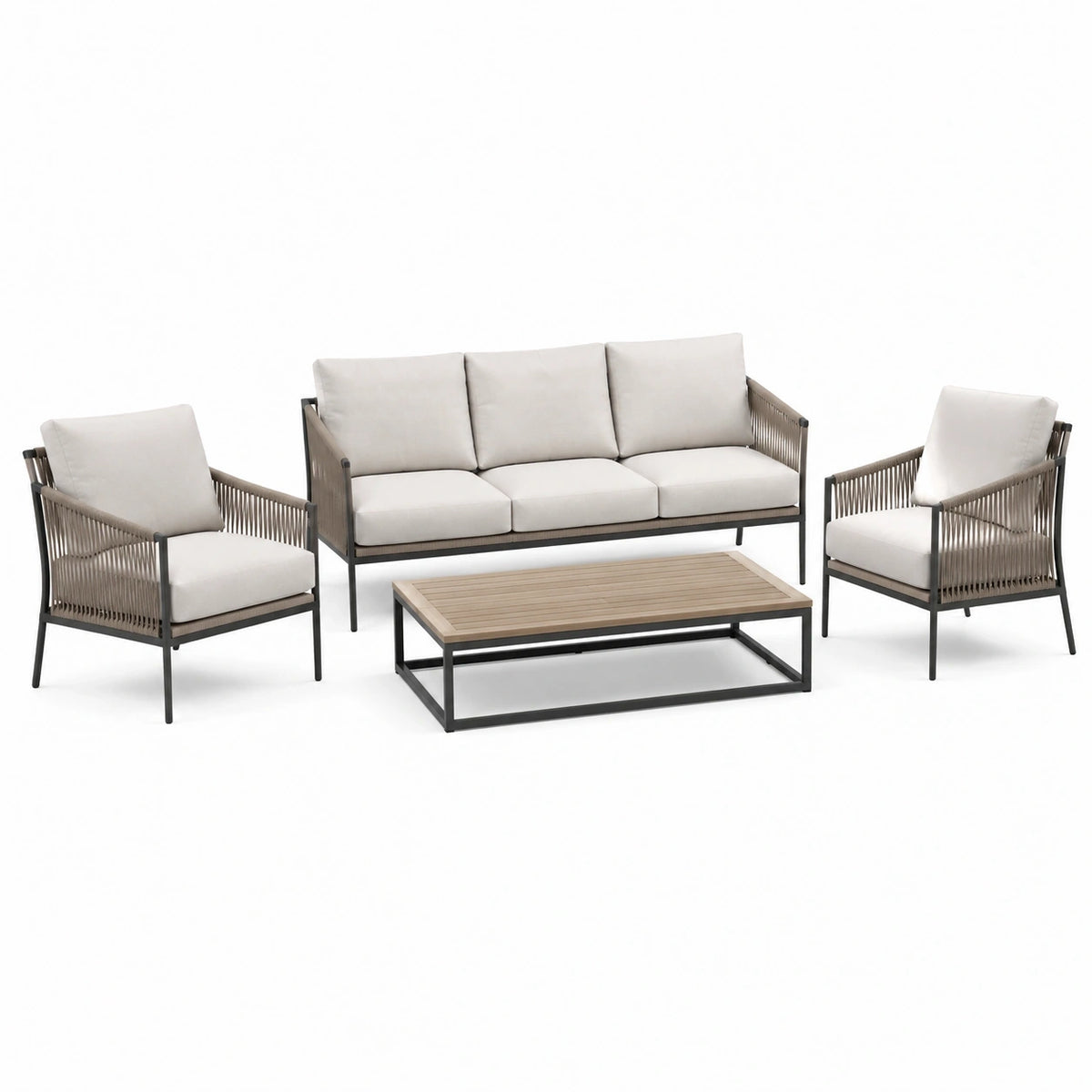 Salon de jardin Xernavik, ensemble lounge extérieur 4 pièces en métal noir et beige, table de 210 cm avec fauteuils confortables.