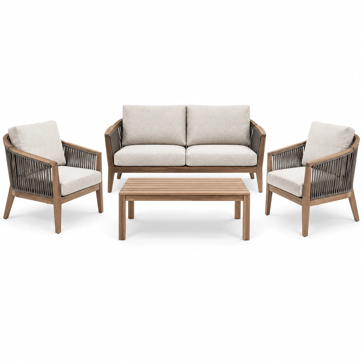 Salon de jardin Xernavik, ensemble 4 pièces en bois brun et corde tressée, style contemporain, avec deux places.