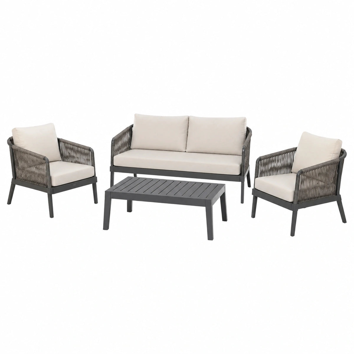 Salon de jardin Xernavik 4 pièces en métal et corde tressée gris anthracite et beige, mobilier extérieur contemporain.