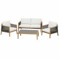 Salon de jardin Xernavik 4 pièces en bois naturel avec table basse tressée, ensemble extérieur élégant et confortable.