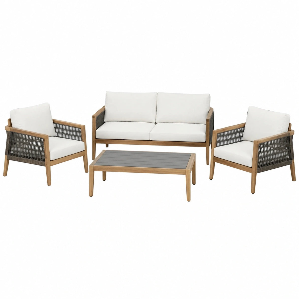 Salon de jardin Xernavik 4 pièces en bois naturel avec table basse tressée, ensemble extérieur élégant et confortable.