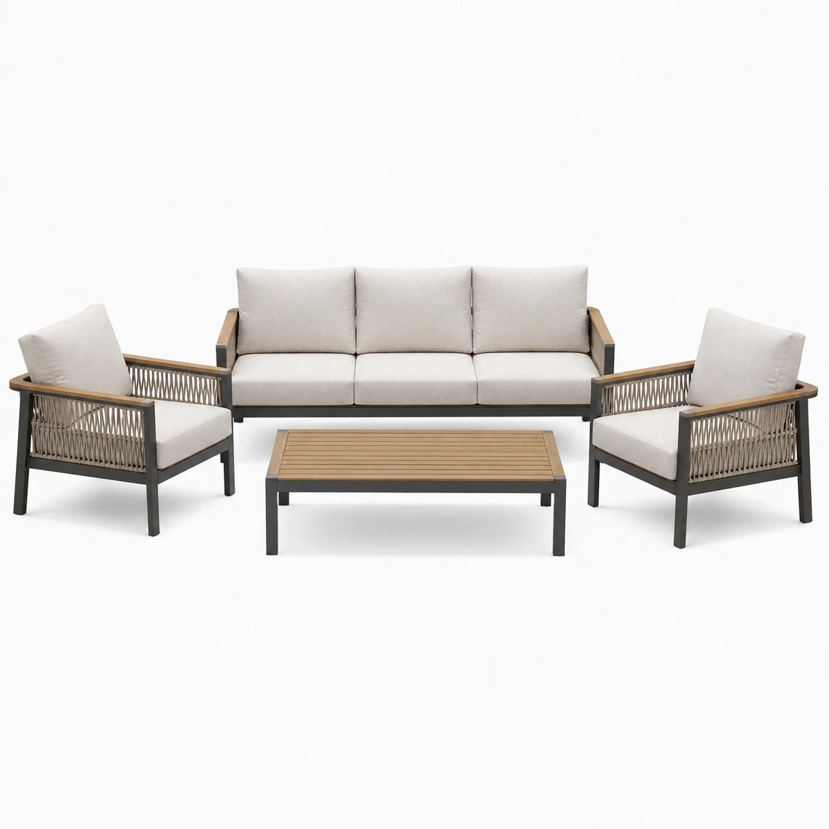Salon de jardin Xernavik, ensemble 4 pièces beige et noir en aluminium, bois et corde avec canapé 3 places, 2 fauteuils et table basse