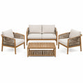 Salon de jardin Xernavik 4 pièces en bois et corde beige avec table basse de 100 cm, style naturel et convivial.