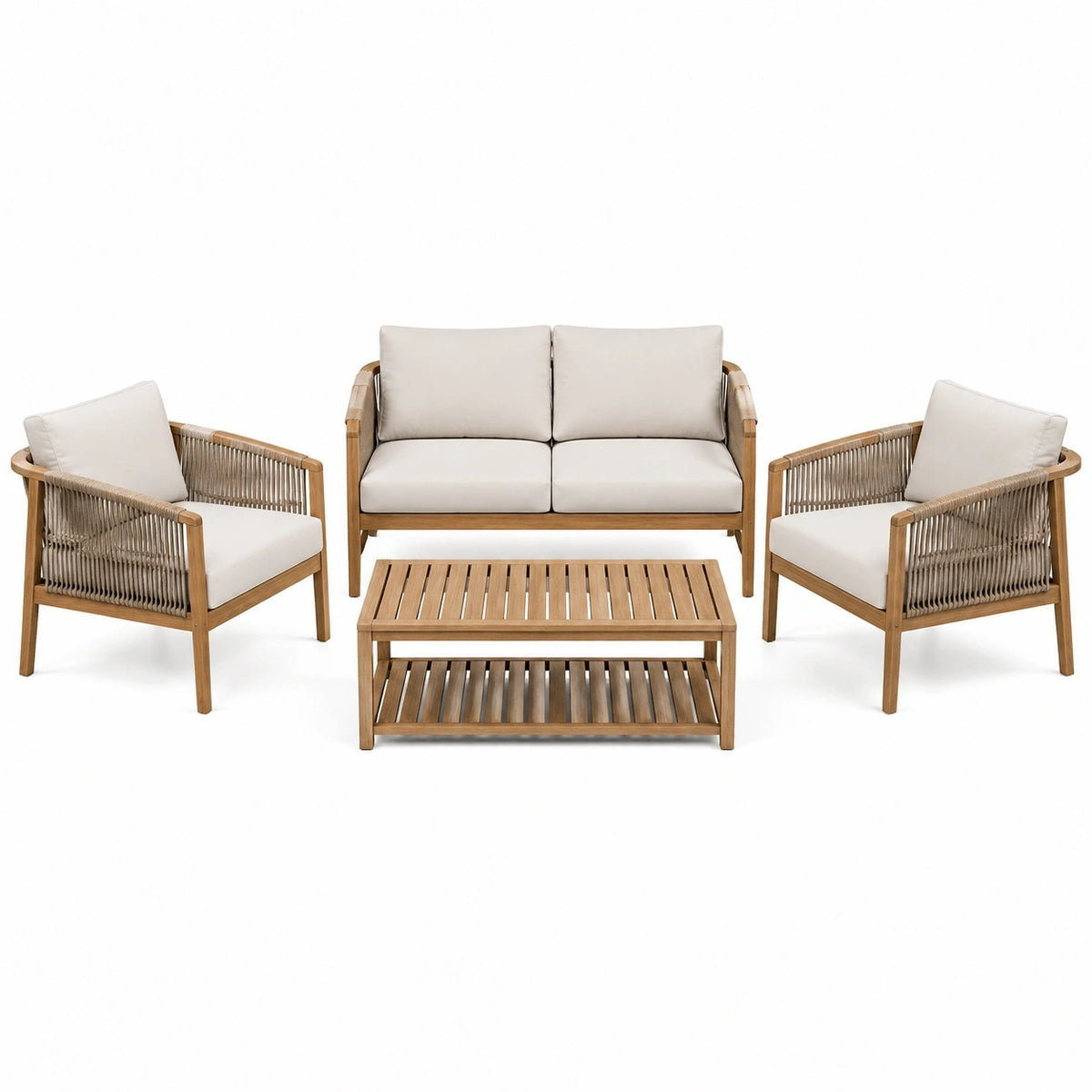 Salon de jardin Xernavik 4 pièces en bois et corde beige avec table basse de 100 cm, style naturel et convivial.
