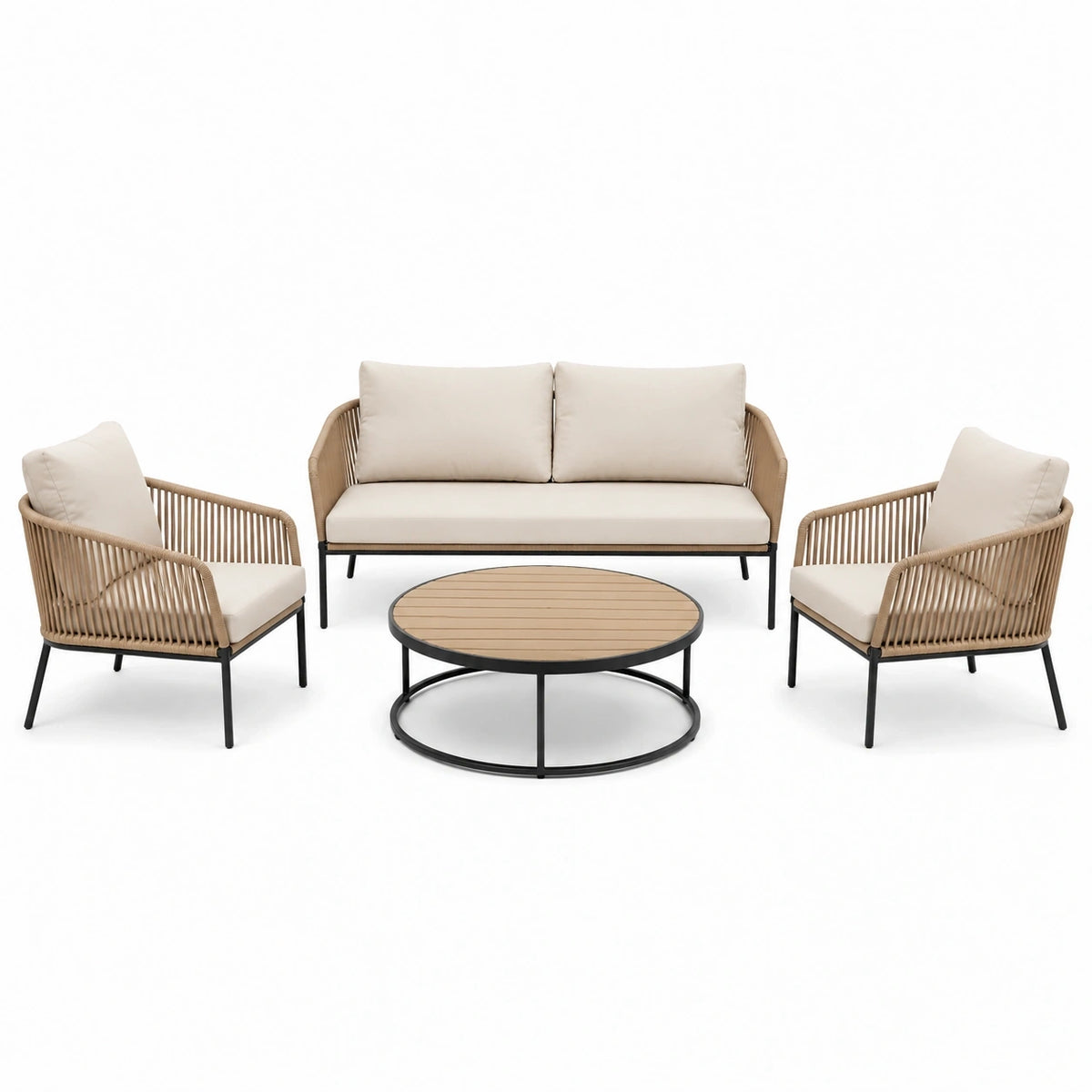 Salon de jardin Xernavik 4 pièces beige et noir en cordage synthétique avec table ronde de 80 cm, style contemporain.