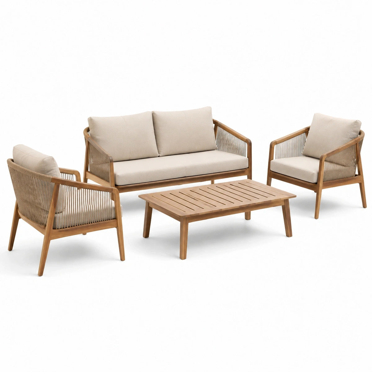 Salon de jardin Xernavik 4 pièces en bois naturel beige avec mobilier tressé, style contemporain, table de 180 cm.