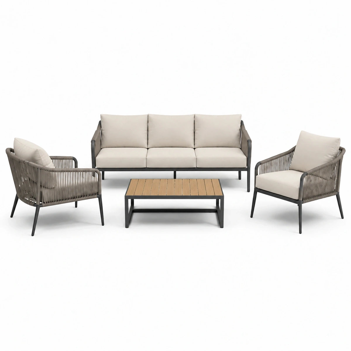 Salon de jardin Xernavik, ensemble 4 pièces avec canapé 3 places en métal et corde beige anthracite, style contemporain.