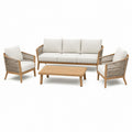 Salon de jardin 4 pièces Xernavik en bois et corde beige, ensemble extérieur style naturel, comprenant table, fauteuils et canapé