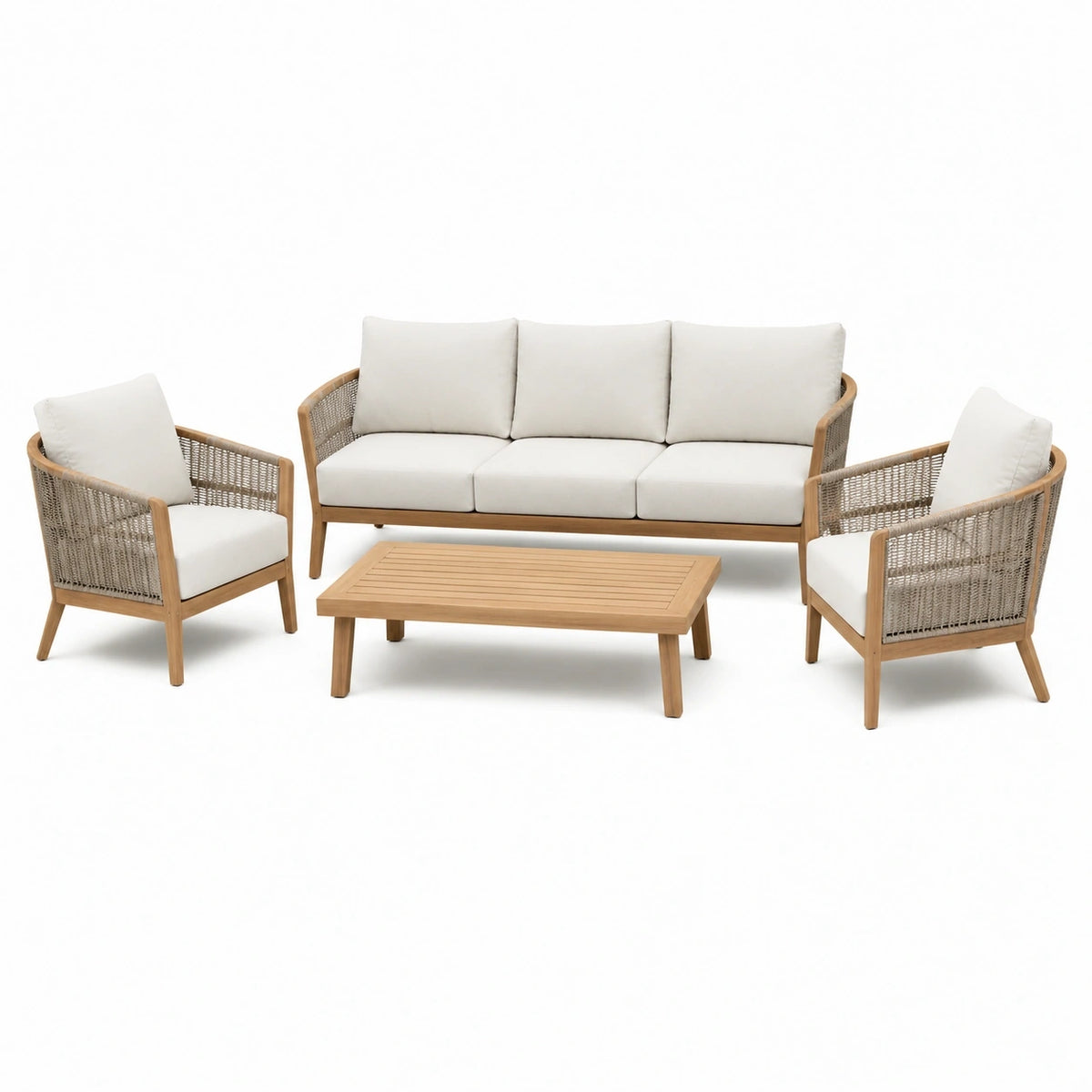 Salon de jardin 4 pièces Xernavik en bois et corde beige, ensemble extérieur style naturel, comprenant table, fauteuils et canapé
