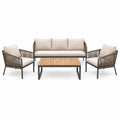 Salon de jardin Xernavik 4 pièces avec table en métal, corde tressée beige et éléments en bois, style contemporain.