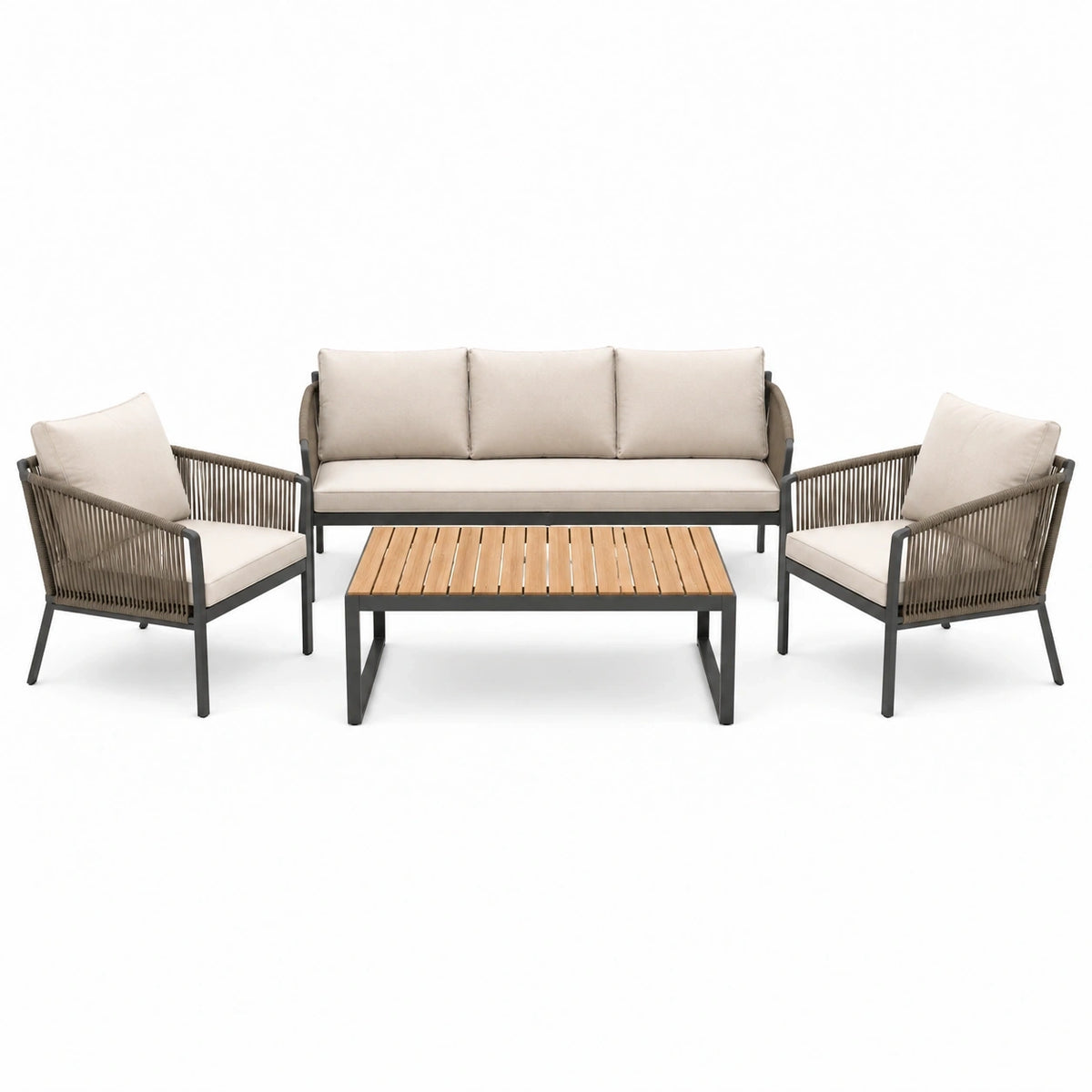 Salon de jardin Xernavik 4 pièces avec table en métal, corde tressée beige et éléments en bois, style contemporain.