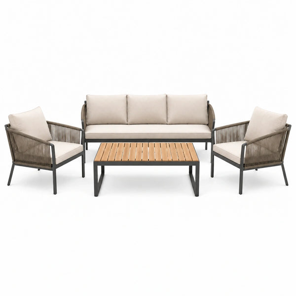 Salon de jardin Xernavik 4 pièces avec table en métal, corde tressée beige et éléments en bois, style contemporain.
