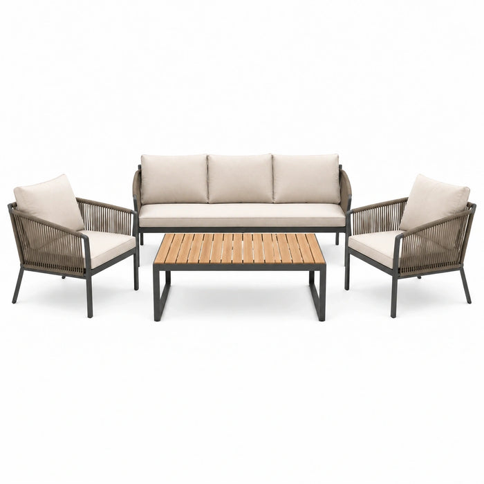 Salon de jardin Xernavik 4 pièces avec table en métal, corde tressée beige et éléments en bois, style contemporain.