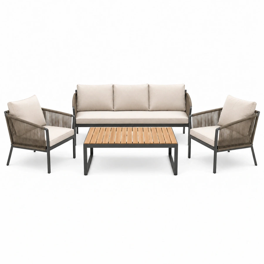Salon de jardin Xernavik 4 pièces avec table en métal, corde tressée beige et éléments en bois, style contemporain.