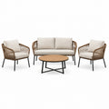 Salon de jardin 4 pièces Xernavik en métal et fibre synthétique beige et marron avec table ronde, style contemporain.