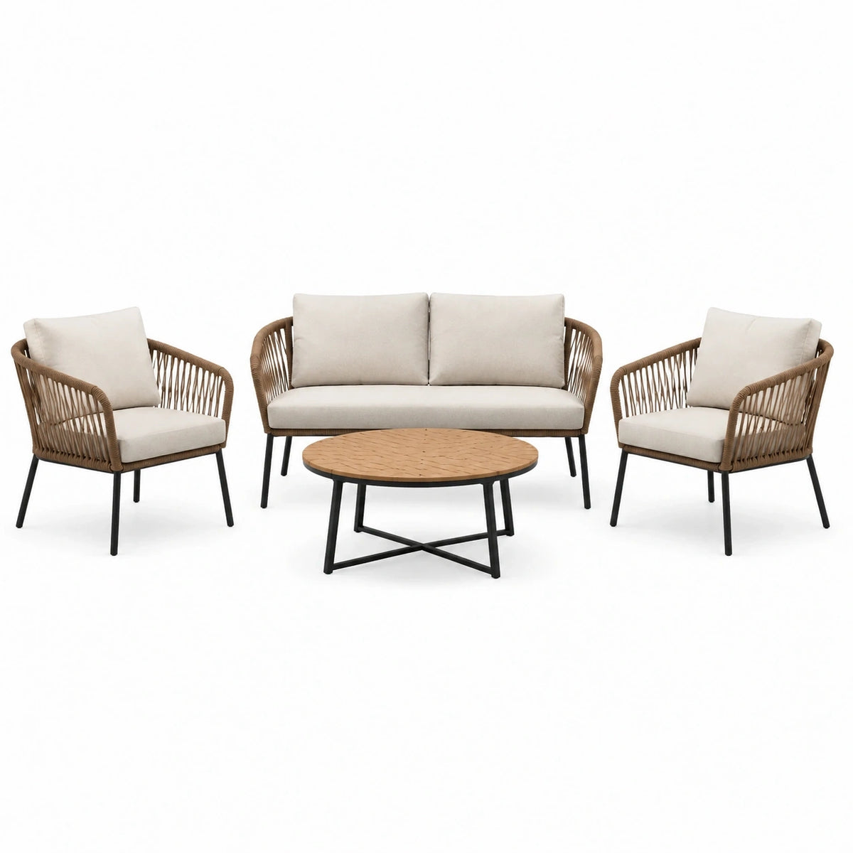 Salon de jardin 4 pièces Xernavik en métal et fibre synthétique beige et marron avec table ronde, style contemporain.