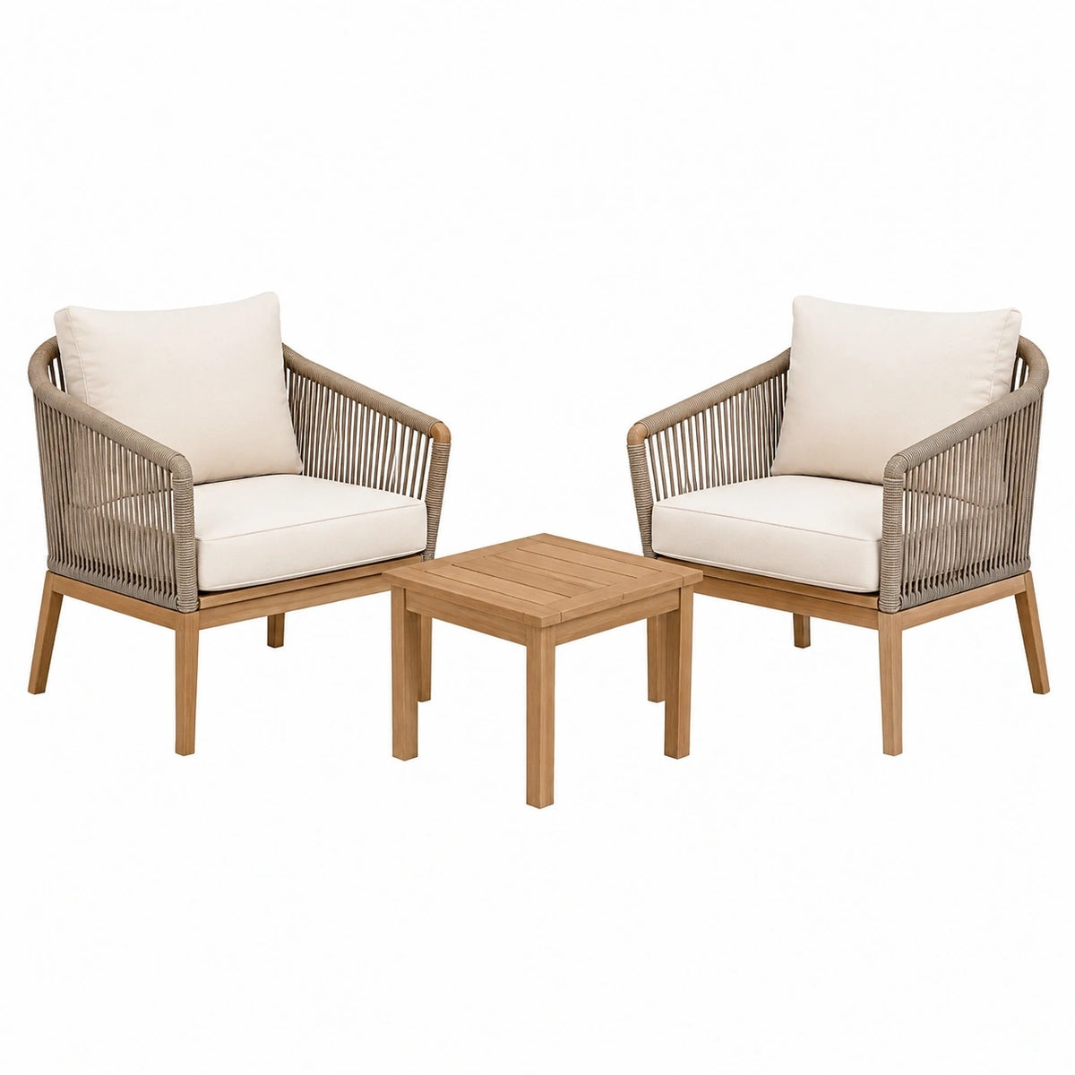 Salon de jardin Xernavik avec 2 fauteuils et table basse en bois et corde beige, style contemporain.