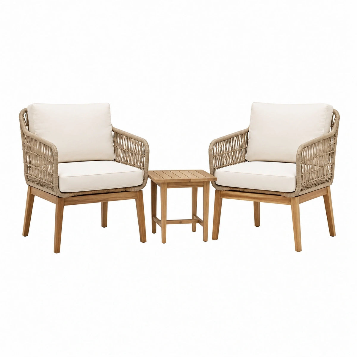 Salon de jardin Xernavik avec 2 fauteuils et table en bois et fibres tressées beige, style naturel, dimensions 45x45x45 cm