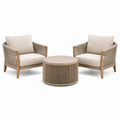 Salon de jardin Xernavik avec 2 fauteuils et table basse ronde en bois et corde beige naturel, vue de face extérieure.