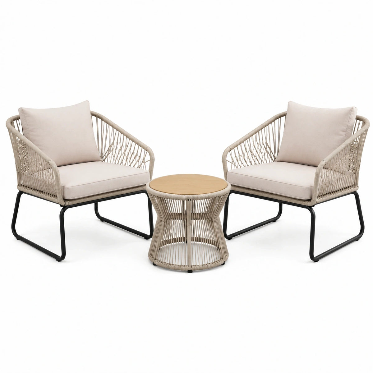 Salon de jardin Xernavik avec 2 fauteuils en fibres tressées beige et table ronde, style contemporain, 75 cm.
