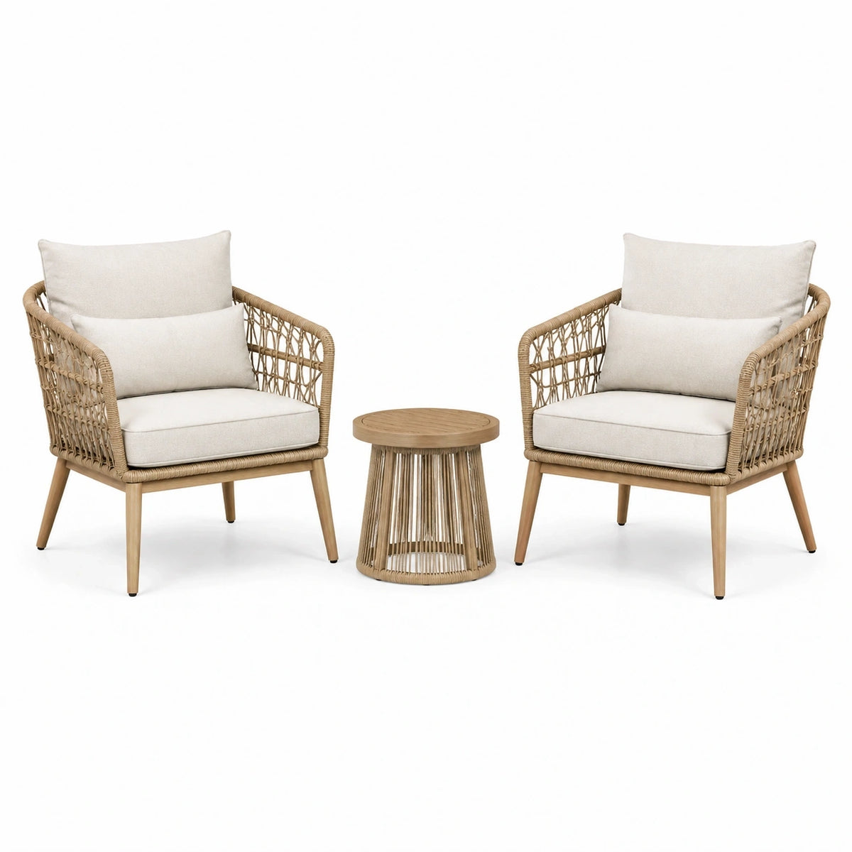 Salon de jardin Xernavik avec 2 fauteuils et table ronde en fibres tressées beige, style naturel pour extérieur.
