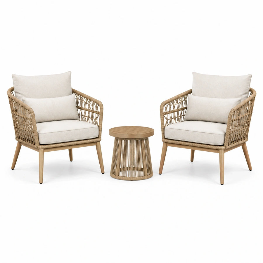 Salon de jardin Xernavik avec 2 fauteuils et table ronde en fibres tressées beige, style naturel pour extérieur.