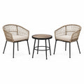 Salon de jardin Xernavik avec 2 fauteuils et table ronde en métal noir et tressage beige, style contemporain.